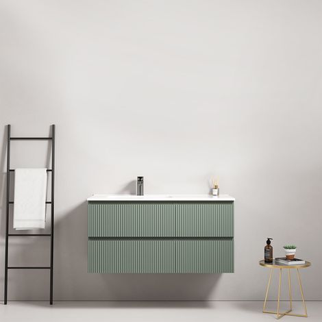Mobile bagno sospeso cannettato 100 cm Verde Salvia Lavabo a Sinistra in Ceramica Senza Specchio - Fiji Paint (1/4)