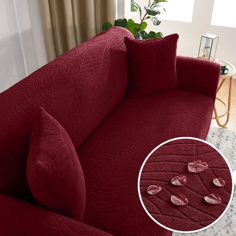 Elastische, wasserabweisende Sofaüberzug mit Blattmuster – Weinrot – Für 1-Platz-Sofa (90 bis 140 cm), ohne Sitz- oder Kissenbezug