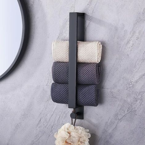 Porte-Serviettes Auto-Adhésif sans Perçage en Acier Inoxydable pour Salle De Bains - avec Crochet - Noir 40 cm (1/5)
