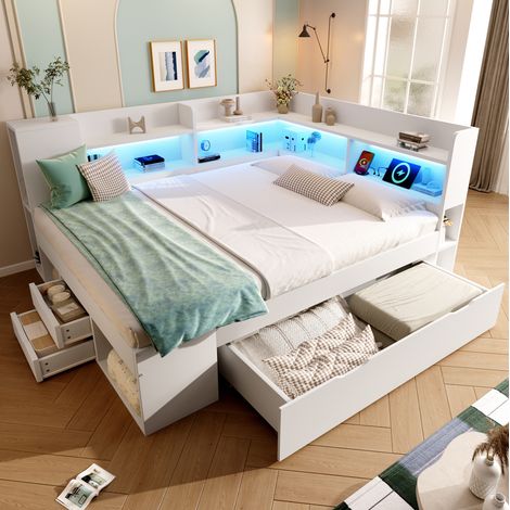CHICFURN Letto 140x200 cm bianco in legno con LED, contenitore e materasso incluso (1/5)