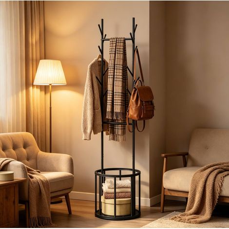 Porte-manteau sur pied 41x41x175 cm en métal noir, avec rangement pour entrée FloraGrace (1/5)