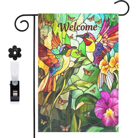 Bannière de cour herbe verte et colibris 30 x 45 cm décoration extérieure et intérieure (1/5)