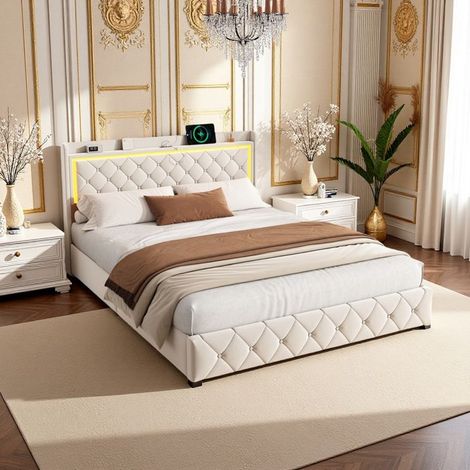 Cama Doble 160x200 Diseño con Cabecera de Terciopelo y Luces RGB y Puertos UE USB/Tipo-C, Cama con Almacenamiento Neumático y Cajón
