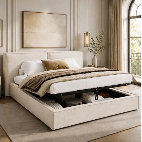 Cama doble tapizada 220x206x76 cm, con arcón hidráulico, cabecero acolchado, chenilla beige (1/5)