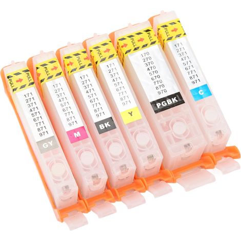 Packung mit 6 6-Farben-Druckertintenpatronen, permanenter Chip, flüssig und robust, Nachfüllungen erhältlich in großem und kleinem Format (Schwarz, Magenta, Grün, 670, 671). (1/5)