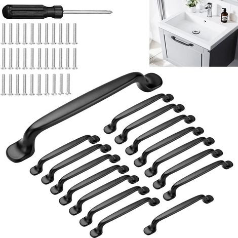 Juego de 16 tiradores de cocina, tiradores arqueados de 128 mm, tiradores para muebles, tiradores de puerta y armario de aleación de aluminio negro con destornillador para armarios, cocina, cajones y  (1/5)