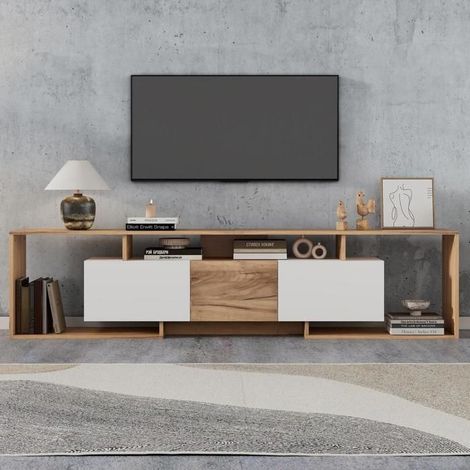 Meuble TV - KOMHTOM - 180x30x49 cm - Blanc + Naturel - 2 portes rabattables & 1 pivotante - Compatible TV 85 pouces (1/5)