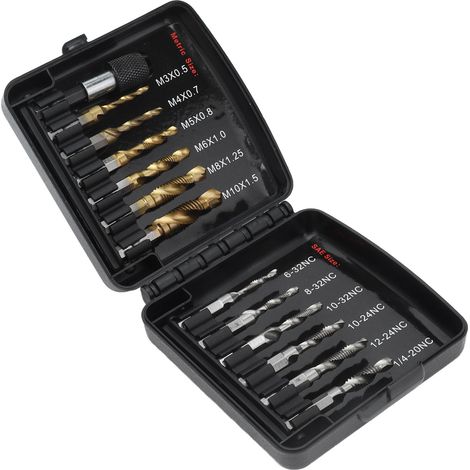 Lot de 12 forets tarauds combinés HSS métrique Ti US 1/4po avec rallonge et coffret (1/5)