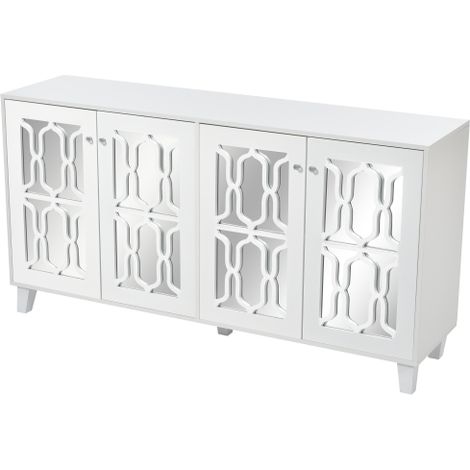 Credenza bianca a specchio con eleganti maniglie in cristallo, quattro ante, con piano in laminato mobile, ideale per soggiorno e sala da pranzo, 160 x 40 x 84 cm.