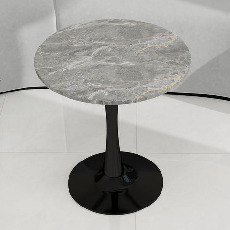 Table basse noire 27,6 pouces style mid-century,plateau rond marbre gris profond veiné,élégant pour décoration salon et chambre.