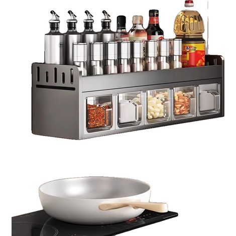 Organizador de especias, diseño para montaje en pared, acero inoxidable duradero, gris, 5 frascos (1/2)