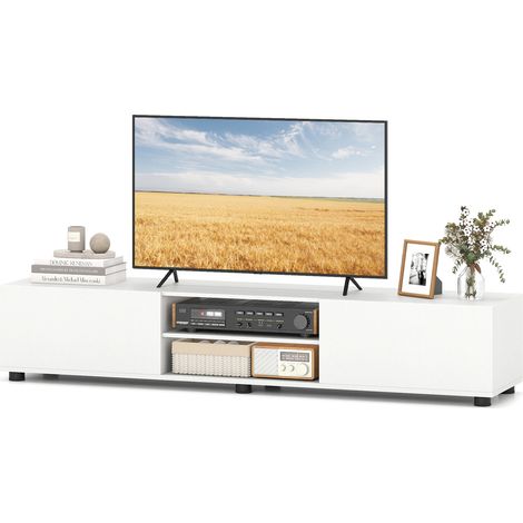 Meuble TV pour Télévision jusqu'à 70 Pouces, Console Multimédia avec 2 Portes et Étagères Ouvertes, 6 Pieds Stables, 160 x 35 x 30 cm, Blanc (1/5)