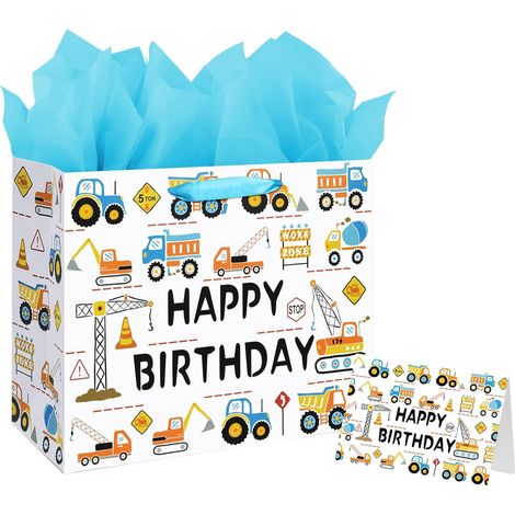 Sac cadeau d'anniversaire pour garçon de 33 cm (13 pouces) - Motif engins de chantier, avec papier de soie et carte de vœux, idéal pour les cadeaux d'anniversaire d'enfants.