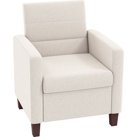 Fauteuil rembourré aspect lin, mousse, coussin d'assise, structure en bois, blanc crème (1/5)