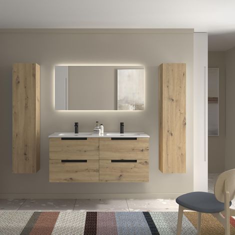 Mueble de Baño LENI 120cm Roble 4 cajones Lavabo 2 pozas Porcelana (1/5)