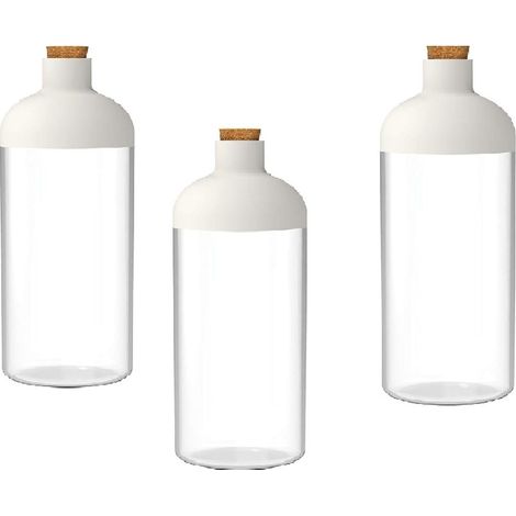 Set 3 barattoli contenitori cucina 0.6 litri – forma bottiglia – tappo dosatore in sughero – trasparente – chiusura bianca design – BPA Free – per spezie, caffè, zucchero (1/5)