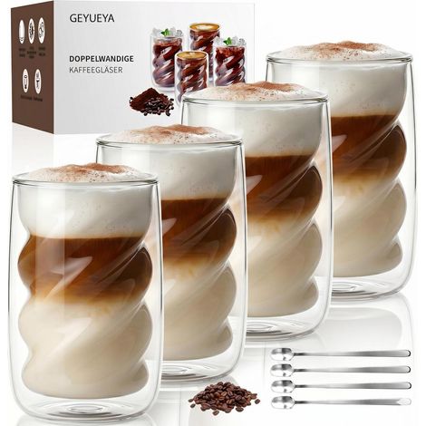 Verres à double paroi pour Latte Macchiato 350ml (lot de 4) avec cuillères
