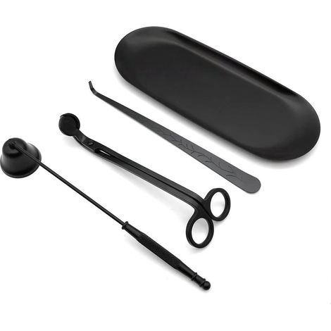 Lot de 4 Accessoires Bougie avec éteignoir à Bougie, Coupe-mèches, Tire-mèche, Pince à épiler et Plateau de Rangement, kit d'outils de Bougie en Acier Inoxydable, Cadeau Les Amateurs de Bougies(Noir) (1/5)