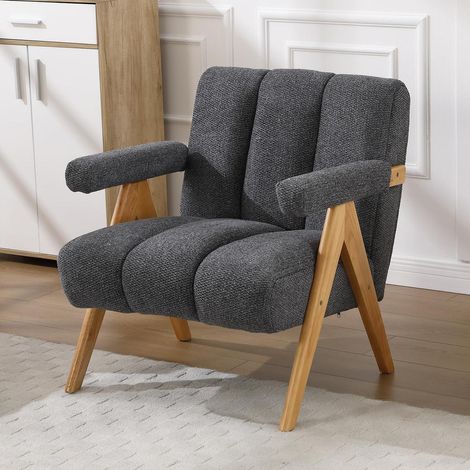 Armlehnensessel Chenille Loungesessel mit Holzbeinen, Grau (1/5)