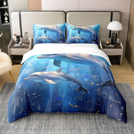 Dauphine Coton Sets de Housse de Couette Cute Océan Animaux Parure de Lit 240x260cm Organismes marinss Housse de Couette sous l'eau Animaux Le Saut Dauphines Parure Housse de Couette - 260 x 240 cm +  (1/5)
