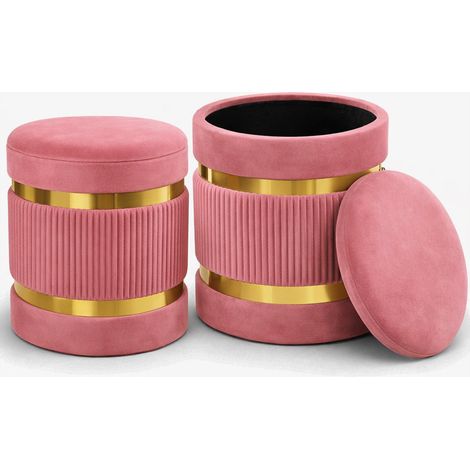 Set 2 Pouf Contenitore Rosa con Rivestimento Velluto Morbido Sgabelli Moderni (1/5)