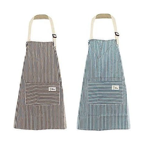 tablier De Femme Avec Poches, 2 Pices Ajustables Tablier De Chef En Coton Et Lin Rayures Bleu Et Caf Pour La Cuisine, Les Grillades, La Ptisserie (1/5)