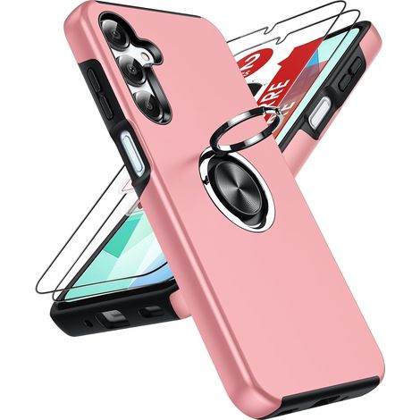 Coque pour Samsung Galaxy A16 avec 2 Verre Trempé Vitre Protection et Anneau Telephone Invisible, Militaire PC et TPU Etui Antichoc Housse pour Samsung A16 - Rose (1/5)