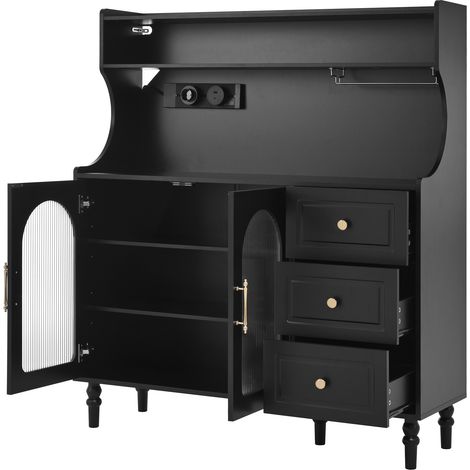 Armoire haute avec prises et tiroirs, meuble bar avec porte-verres à vin et espace de rangement, buffet de cuisine avec étagères réglables, idéal pour la cuisine et la salle à manger (Noir) (1/5)