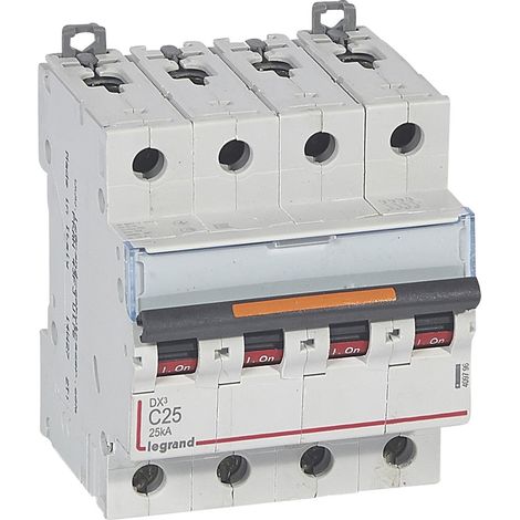 Disjoncteur DX³ 25kA arrivée haute et départ bas à vis 4 Pôles 400V 25A courbe C 4 modules LEGRAND 409796