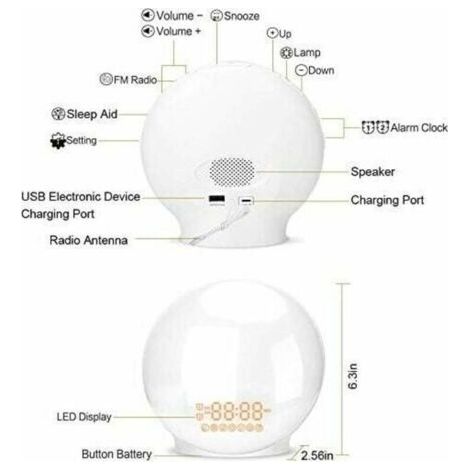 NALOOKAMIC Eveil Lumière LED Radio Réveil Matin Lumineux Lampe de Chevet 20 Niveaux de Luminosité Simulateur d'Aube et Crépuscule 2 Réveils 7 Sons Naturels Fonction Snooze Veilleuse Enfant 7 Couleurs 