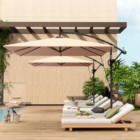 Parasol décentré 2,5x2,5m base croisée manivelle métal polyester, kaki