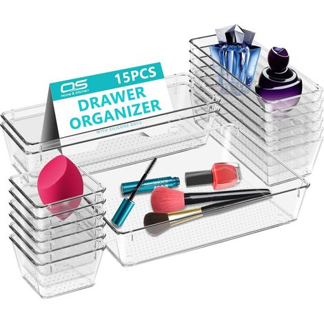 Transparentes Schubladen-Organizer-Set – Make-up-Organizer-Tablett für Schubladen – Vielseitige Aufbewahrung für Make-up, Kosmetik und Utensilien für Schlafzimmer, Büro und Küche – Besteck-Set-Unterte