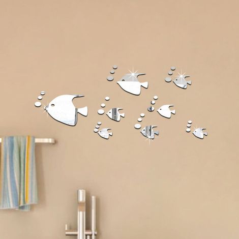 Autocollant mural à bulles de poisson de mer Autocollants effet miroir 3D DIY Autocollant amovible (Argent)