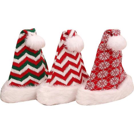 Ensemble de 3 bonnets de Noël décoratifs en peluche, en laine tricotée, à rayures et flocons de neige, pour adultes (couleurs assorties), pour femmes et hommes.-44x33cm-Assorted Color