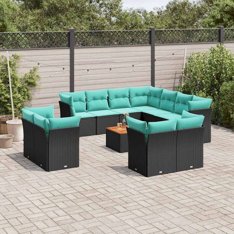 Salon de jardin 12 pièces avec coussins bleus, résine tressée noire et table en acacia - PANGIVO (1/5)