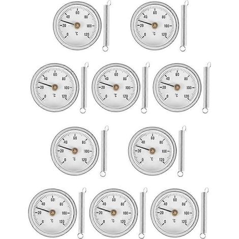 Packung mit 10 Clip-On-Zifferblattthermometern für 63-mm-Rohre, mit Feder, Messbereich 0–120 °C, Aluminiumgehäuse (1/5)