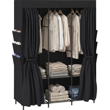 Armoire gain de place en tissu avec 3 tringles, 3 étagères, 6 poches latérales, portes anti-poussière zippées, noire (1/5)
