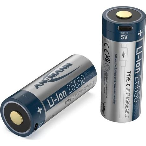ANSMANN Batteria agli ioni di litio 26650 5100 mAh con connettore di ricarica USB tipo C, batteria ricaricabile ad alta capacità, con circuito di protezione per torce, lanterne, matite laser