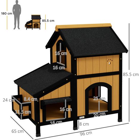 Cabane pour chat en pin massif, multi-entrées, 2 niveaux, abri d'extérieur pour petits animaux, toiture bitumée, avec plateforme, résistante au froid, surélevée, teinte jaune, dimensions 96 x 65 x 85, (1/5)