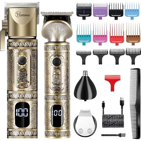 Men Hair Clipper and T-blade Clipper Set, Cordless Rechargeable Hair Clipper Beard Trimmer Nose Beard Trimmer Multifunction Beauty Kit LED Display (Gold) (1/5)