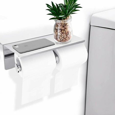 royaluxe - Porte Papier Toilette Double, Mural avec Deux Rouleaux, Etagère de Rangement en 304 Acier Inoxydable, Porte Rouleau de WC avec Support de Téléphone, pour Salle de Bain (Argent) (1/4)