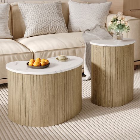 Table basse fixe marbre minimaliste-design scandinave-multifonctionnelle-bois naturel-60x37x38cm et 40x25x50cm (1/5)