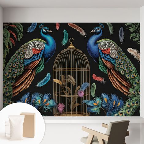Papier peint intissé décoratif pour salon chambre et cuisine Facile à poser avec colle Paons exotiques 152x104 cm (1/5)
