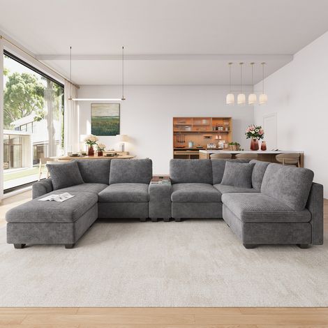 Canapé modulable 6 places en U ou L 311x139x85 cm, pouf coffre, console mobile avec porte-gobelets et USB/Type-C, velours côtelé, gris