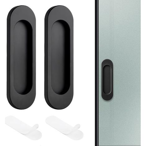 Deux poignées ovales pour portes coulissantes, de 10 cm de long – élégantes, noires, avec ruban adhésif double face. (1/5)