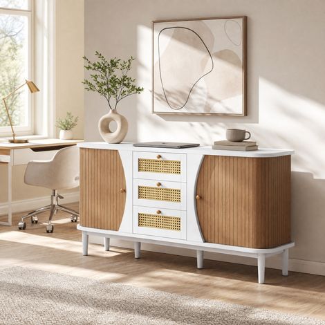 MEUBLIV Buffet 140,5 x 40 x 76 cm blanc et bois – 3 tiroirs effet rotin, 2 portes (1/5)