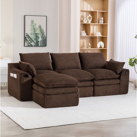 Divano 3 posti modulare in corduroy marrone con pouf, tasche laterali e cuscini inclusi, 263x167x85 cm (1/5)