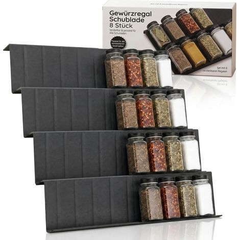 Lot de 8 range-épices extensibles à 4 niveaux, tiroirs organiseurs d'épices de 23 cm à 46 cm, pour un maximum de 32 pots à épices, tiroir range-épices pour cuisine, armoire, étagère (noir) (1/5)