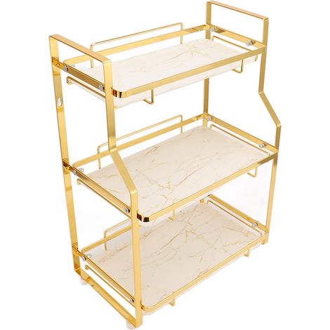 Étagère de rangement murale d'angle pour salle de bain, salon, chambre, cuisine, blanche et dorée, 3 niveaux (1/5)