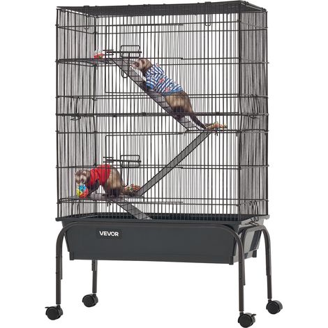 Cage pour Petits Animaux en Métal 101 cm, Cage pour Furets à 3 Niveaux avec Roulettes, pour Furet, Cochon d'Inde, Chinchilla et Lapin, Barreaux Espacés 13,97 mm, Hamac, Rampes, Plateau et Portes (1/5)